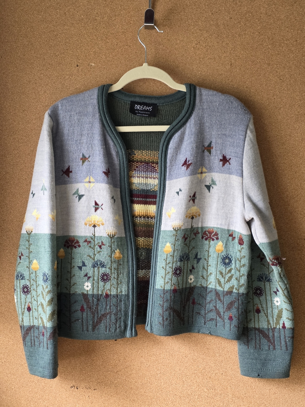 100% Merino Wool Scandinavian Floral Knit Zip Front Cardigan DREAMS Finland